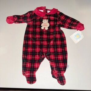 NWT First Moments My First Christmas Baby Velour Footie Sleeper Plaid Red 0-3